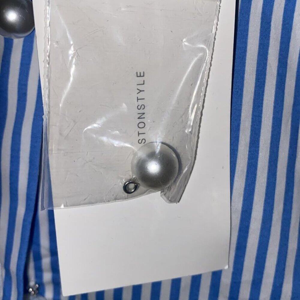 Halston Women Blue Striped Stretch Poplin Lace-Trimmed Blouse Top - Picture 4 of 9